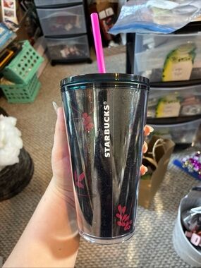 Starbucks Black Tumbler with Pink Straw and Pink Floral Accents